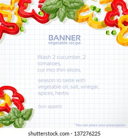 Big vector paper into the cell banner with sweet peppers and basil  for your recipe