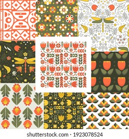 Big vector patterns collection. Geometric floral forms. Flowers, leaves and decor elements in orange, green and yellow colors. 9  folk style backdrops. Scandinavian modern prints.