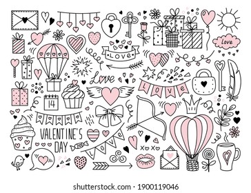 Big Vector Pink Doodle Love Symbols Set. Hearts, Hot Air Balloon, Gifts Parachute, Banner, Flag Garland, Lettering Valentines Day. Holiday elements isolated collection for design greeting card, poster