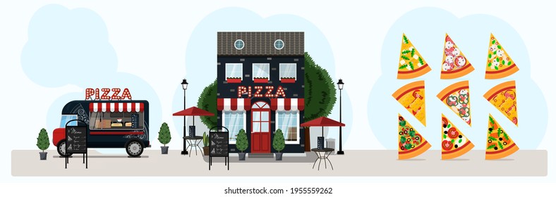 Große Vektorpizzaausrüstung mit LKW, Pizzeria. Vektorflache Illustrationsslices von Pizza, Straßenkochbus und Fassade eines Restaurants. Stilvolle Retro-Illustration von Fast Food in Parks und auf