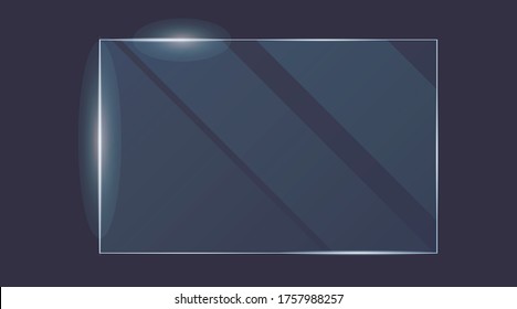 Big vector plastic and acrylic glass mockup with glow light reflection on the edge of frame. Window, screen or plate with shiny glare effect on a transparent dark blue background. 