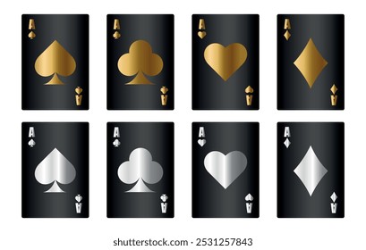 Juego de cartas de casino de jugador realista de gran Vector conjunto de cartas doradas y plateadas. Diamantes, corazones, picas, clubes Traje de lujo negro. Poker Tarjetas de juego