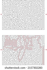 Big vector rectangular labyrinth with entry and exit. Difficulty level - hard. Maze with solution - red passing route. Children logic game for brain training. Activity for smart kids