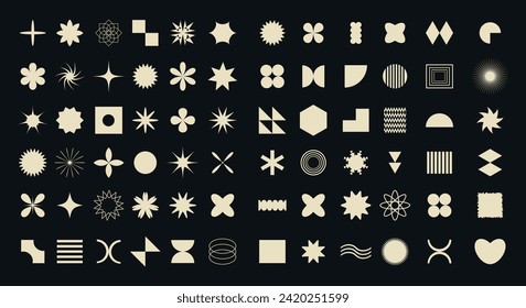 Big vector retro vintage set geometric y2k elements. shapes black isolated background. Trendy abstract figures, stars, flowers, circles. Modern abstract graphic design elements.