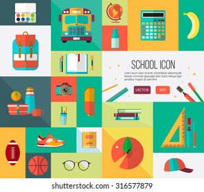 Big vector school icons set. Collection of back to school items in flat style. Colorful illustration for web banners or card elements.