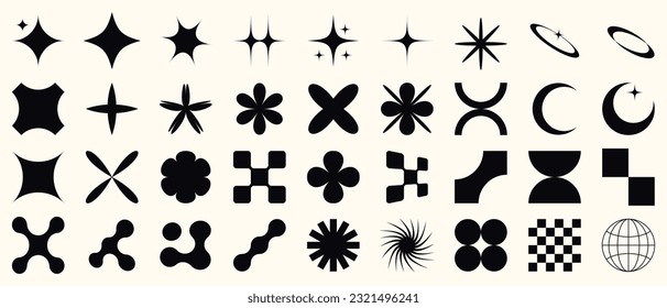 Big vector se tof geometric y2k design elements.Abstract star, sparcle, flower collection.Simple basic geometric form in swiss, bauhaus and memphis style.Brutalism forms.