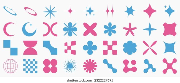 Big vector se tof geometric y2k design elements.Abstract star, sparcle, flower collection.Simple basic geometric form in swiss, bauhaus and memphis style.Brutalism forms.