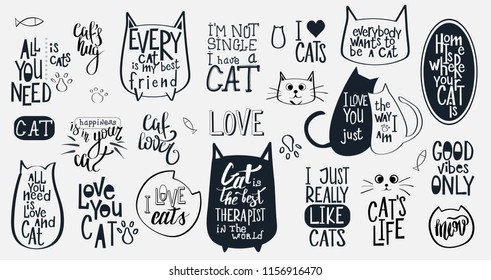 Big Vector Set with 21 Motivational quotes about cats. Hand written sign for every design production. 