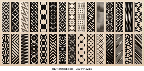 Big vector set of 30 templates for laser cut. Designs with abstract geometric patterns, modern ornaments. Stencils for CNC, plotter, laser cutting of wood, paper, metal, plastic. Aspect ratio 1:4