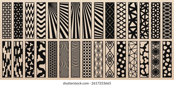 Big vector set of 30 templates for laser cut, CNC, plotter. Unique design with abstract geometric patterns, trendy new ornaments. Stencil for cutting of wood, paper, metal, plastic. Aspect ratio 1:4