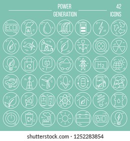 Big vector set of 42 modern thin line icons. Power generation and accumulation. Green energy icons collections isolated on background.