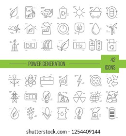 Big vector set of 42 modern thin line icons. Power generation and accumulation. Green energy icons collections isolated on background.