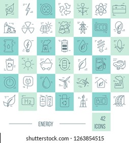Big vector set of 42 modern thin line icons. Power generation and accumulation. Green energy icons collections isolated on background.