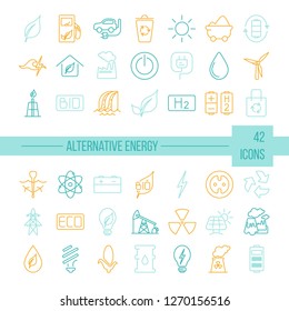 Big vector set of 42 modern thin line icons. Power generation and accumulation. Green energy icons collections isolated on background.