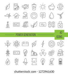 Big vector set of 42 modern thin line icons. Power generation and accumulation. Green energy icons collections isolated on background.