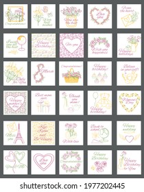 Big vector set 50 in 1 for any occasion of the holiday with wishes and congratulations. Mini postcards square compliment sign of attention. Minimalistic style, line graphics, lines, flowers, bouquets.
