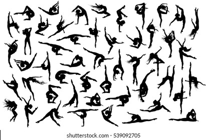 Big vector set of 50 gymnast's and dancer's silhouettes. 