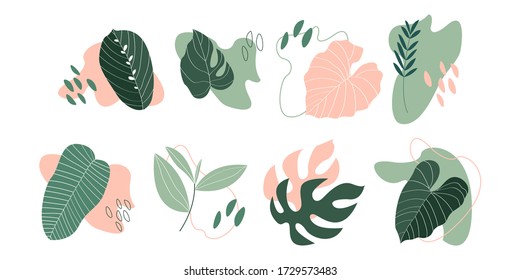 Big vector set of abstract tropical leaves. Cartoon exotic leaves. Perfect for poster, textile, wrapping paper, stickers