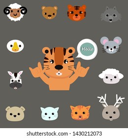 Big vector set with animal faces. flat design icons character set illustration
