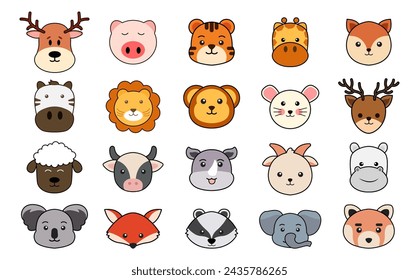 Big vector set with animal faces. Collection of cute baby animals in cartoon style. Wild and domestic animals