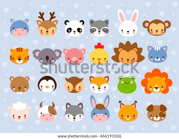 Big vector set with animal faces. Collection of\
cute baby animals in cartoon style on a blue background. Wild and\
domestic animals.