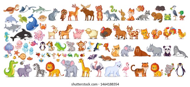 Big vector set with animals in cartoon style. Vector collection with mammals.