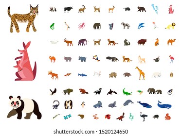 Big vector set with animals in cartoon style. Vector collection with mammals.