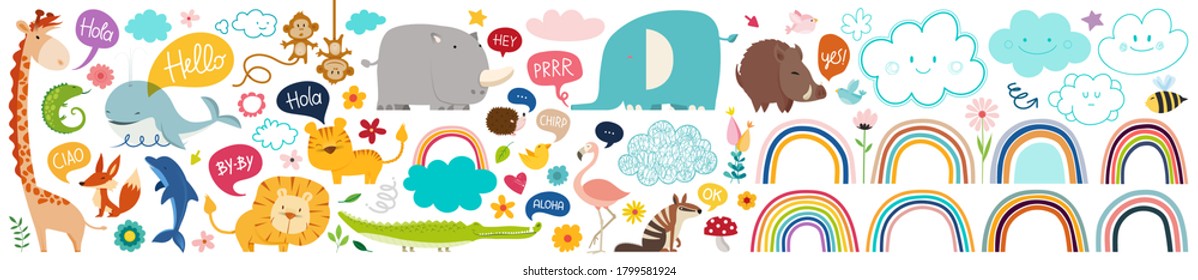 Big vector set with animals in cartoon style. Vector collection with mammals.