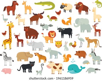 Gran vector conjunto con animales al estilo de las caricaturas. Colección de vectores.