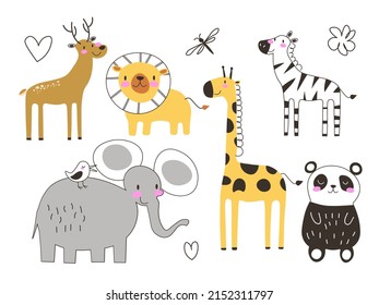 Big vector set with animals in cartoon style. Vector collection with mammals on a children s theme. EPS