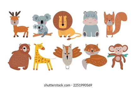 Big vector set with animals in cartoon style. Vector collection with mammals on a children's theme.