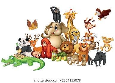 Big vector set with animals in cartoon style. Vector collection with mammals on a children's theme.