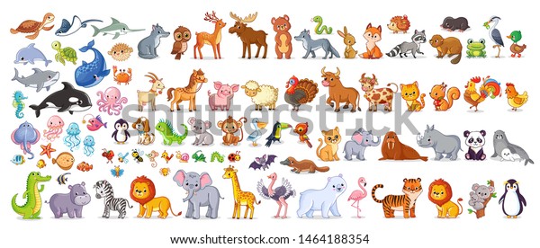Big vector set with animals in cartoon style.\
Vector collection with\
mammals.