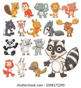 Big vector set of animals. Collection of cute animals in cartoon style on a white background.