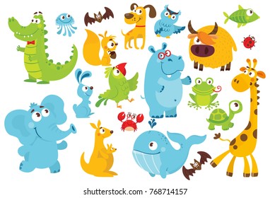 Big vector set of animals. Collection of cute animals in cartoon style.Giraffe, elephant, whale, owl, alligator, jellyfish, bat, dog, parrot, rabbit, kangaroo, frog, fish, crab, yak, ladybug, hippo.