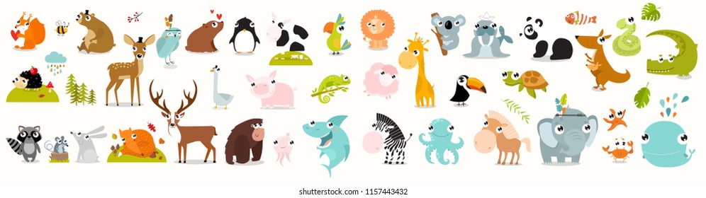 Big vector set of animals. cow, alligator, bear, panda, penguin, octopus, koala, cartoon characters, zebra, animal logo, fox, pig, deer, monkey, rabbit, giraffe, whale, forest animals. vector animals