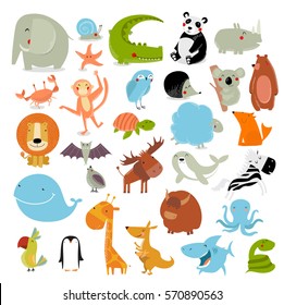 Big vector set of animals. The crocodile, elephant, bear, duck, panda, koala, lion, monkey, turtle, whale, shark, crab, fox, kangaroo, giraffe, bat, hedgehog, owl, snake, starfish, quail