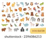 Big vector set with animals, marine mammals, reptiles, birds and fish in cartoon style. Collection of cute cartoon characters in flat style