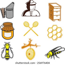 Big Vector Set of Apiary Icons with Honey and Bees.