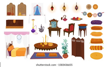 Big vector set of arab, moroccan or indian interior elements. Furniture in middle eastern style, pillows, lanterns, hookah, chest, screen, ceramics. Cartoon.