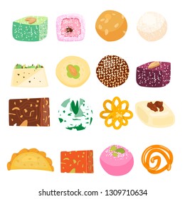 Grande vetor de doces asiáticos. Doces tradicionais indianos.  Laddu, gujiya, sandesh, gulab jamun, jalebi, rasgulla e outros.