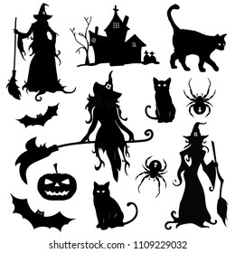 gran conjunto de atributos vectoriales para Halloween aislados.  Siluetas negras con brujas, gatos, murciélagos, araña