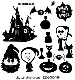 Big vector set of attributes for Halloween isolated. Black silhouettes with witches, cats, bats, spider.