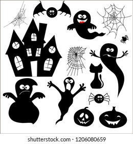 Big vector set of attributes for Halloween isolated. Black silhouettes with witches, cats, bats, spider.