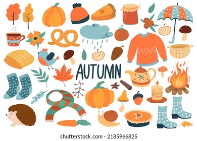 Big vector set with autumn attributes. Sweater, duty, pastries, hot tea, cinnamon, candle, yellow leaf, hat, scarf. Hello, Autumn. Illustration in modern cute style.