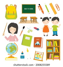 Gran vector ambientado "De vuelta a la escuela". Profesora, estudiantes, clase, cuadernos, lapiceros, lápices, regla, pegamento, libros, globo. Iconos personalizados.