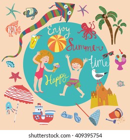 Big vector set of beach in cartoon style. Children play with a ball, toys, marine life, waves, inscriptions. Summer time, season, sea, beach. 