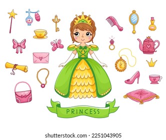Big vector set of a beautiful little princess and design elements. Accessories for a doll in a cartoon style.