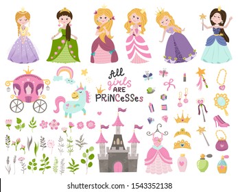 Big vector set of beautiful princesses, castle, carriage and accessories. Childish design for birthday invitation, poster, clothing, nursery wall art and card