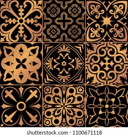 Big vector set of black and gold tiles in portuguese style.